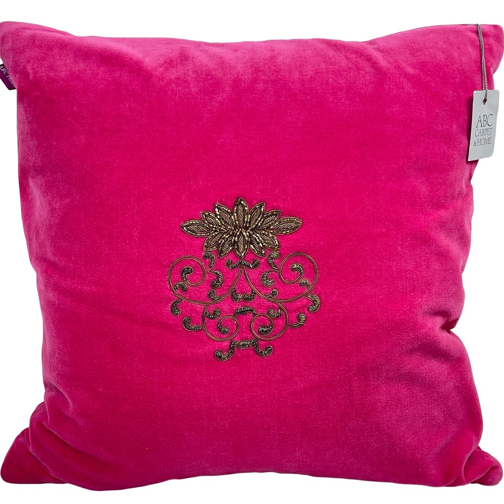 ABC Carpet Home Beaded Velvet Throw Pillow Pink Floral Embroidery Boho Eclectic